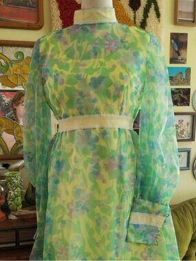 Sheer Floral Vintage-Style Green & Yellow Dress